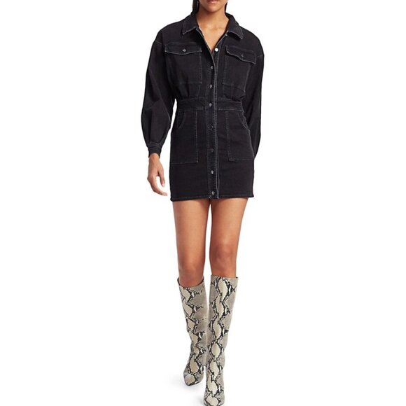Free People Bo Denim Shirt Dress Midnight Black Button Down Long Sleeve - Picture 5 of 13